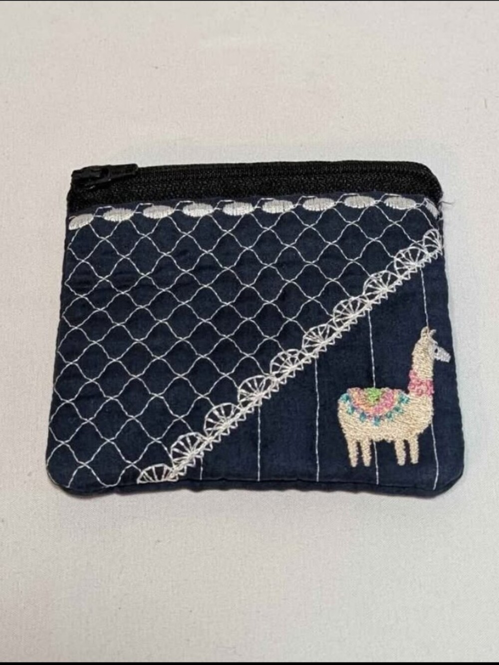 Alpaca Llama Coin Purse Navy Blue Embroidered Embroidery Zip Zippered